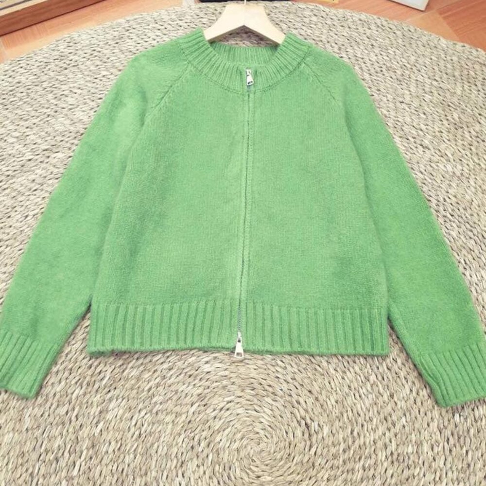 Green Fuzzy Zip-Up Knit Cardigan Cozy Bomber Style Sweater 💚